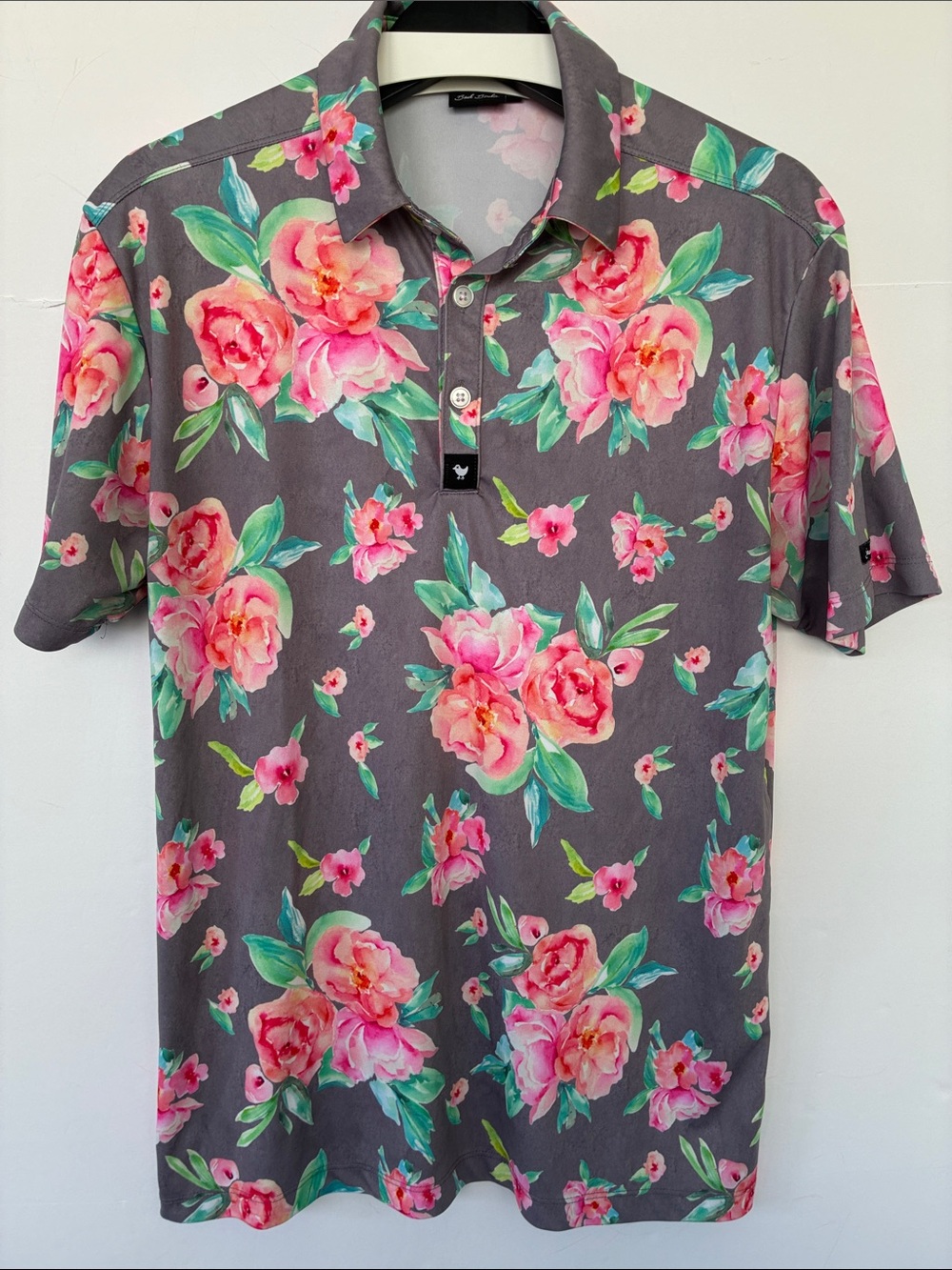 Bad Birdie Gray Polo with Pink Floral Print Medium